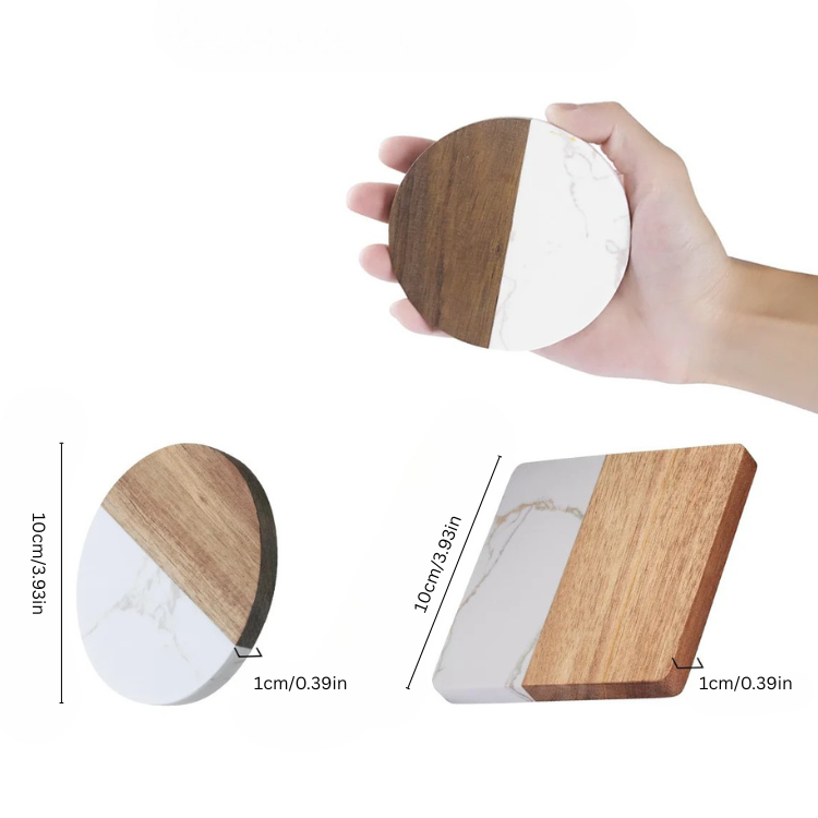 Coffee coaster held in hand, showing size and material with close-up view of thickness.