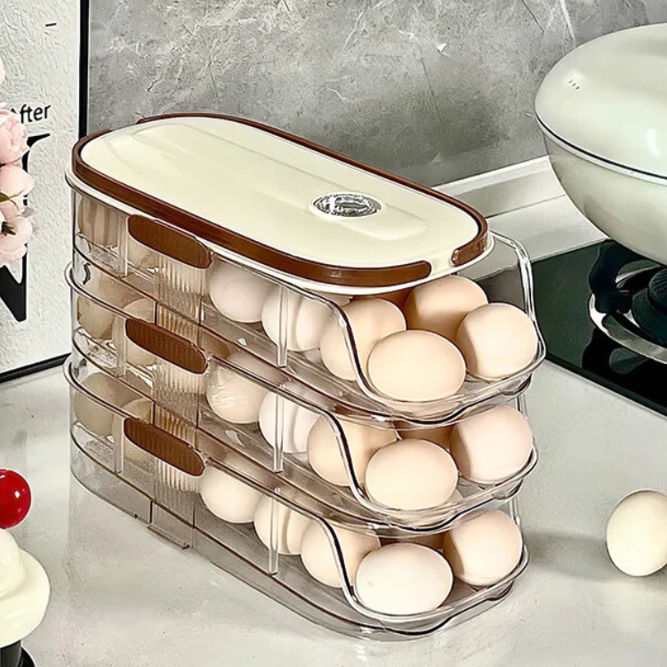 Triple-layer egg rack for fridge on the countertop, storing white eggs with a secure lid.