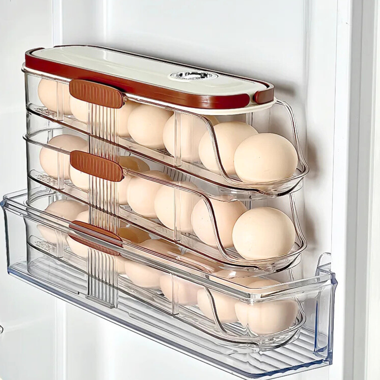 Egg rack for fridge mounted on the fridge door, holding three layers of eggs securely.