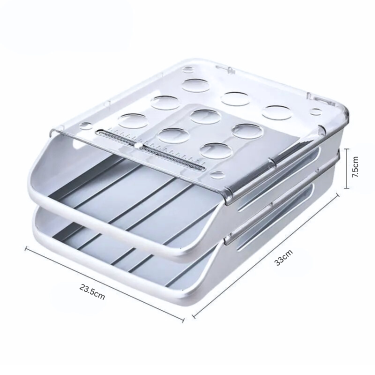 Empty double-layer egg holder for fridge shown with measurement dimensions.