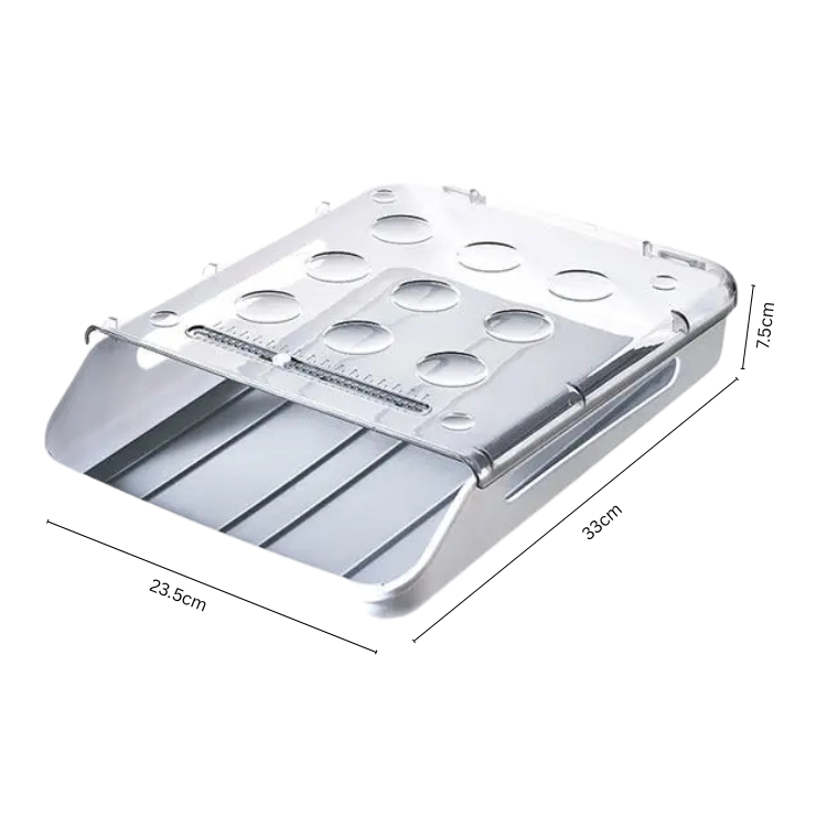 Single egg holder for fridge with transparent cover and size labels.