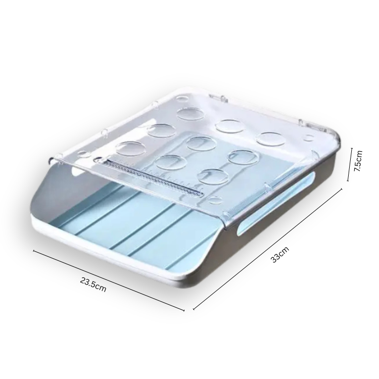 Compact egg holder for fridge with clear lid and labeled dimensions in a clean layout.