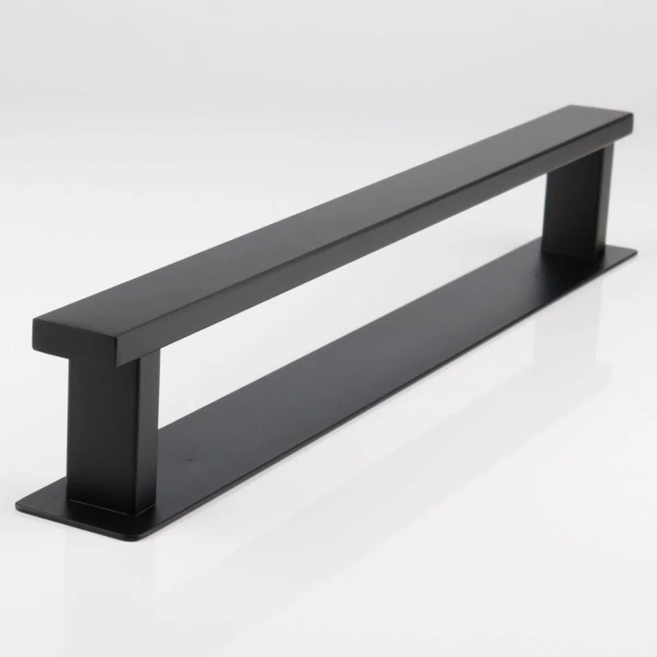 Sleek black self adhesive towel rail on white background.