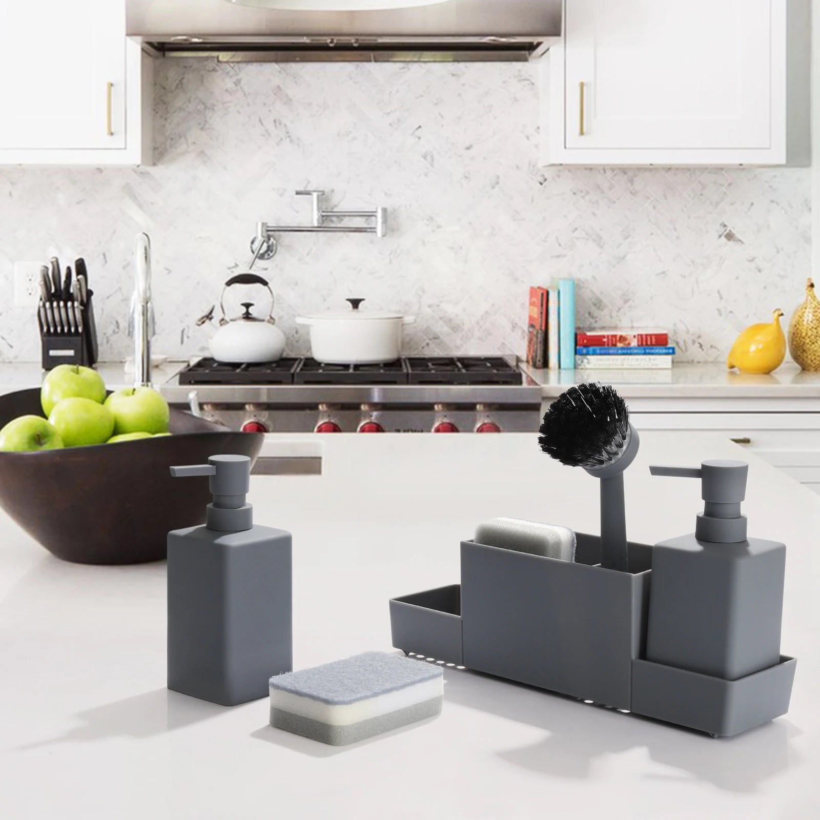 Gray sink caddy with bottles and brush on counter.