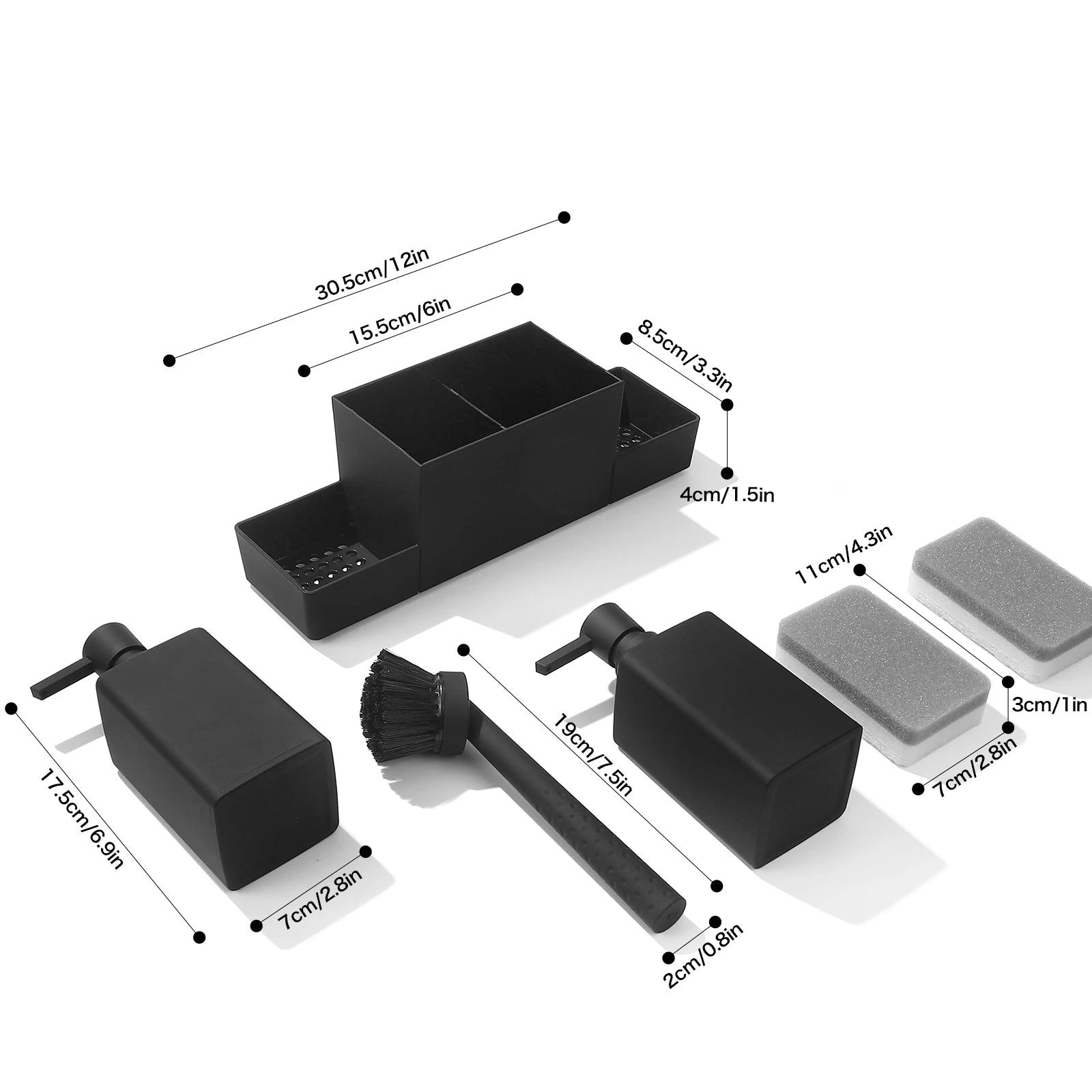 Sink caddy parts laid out with measurements.