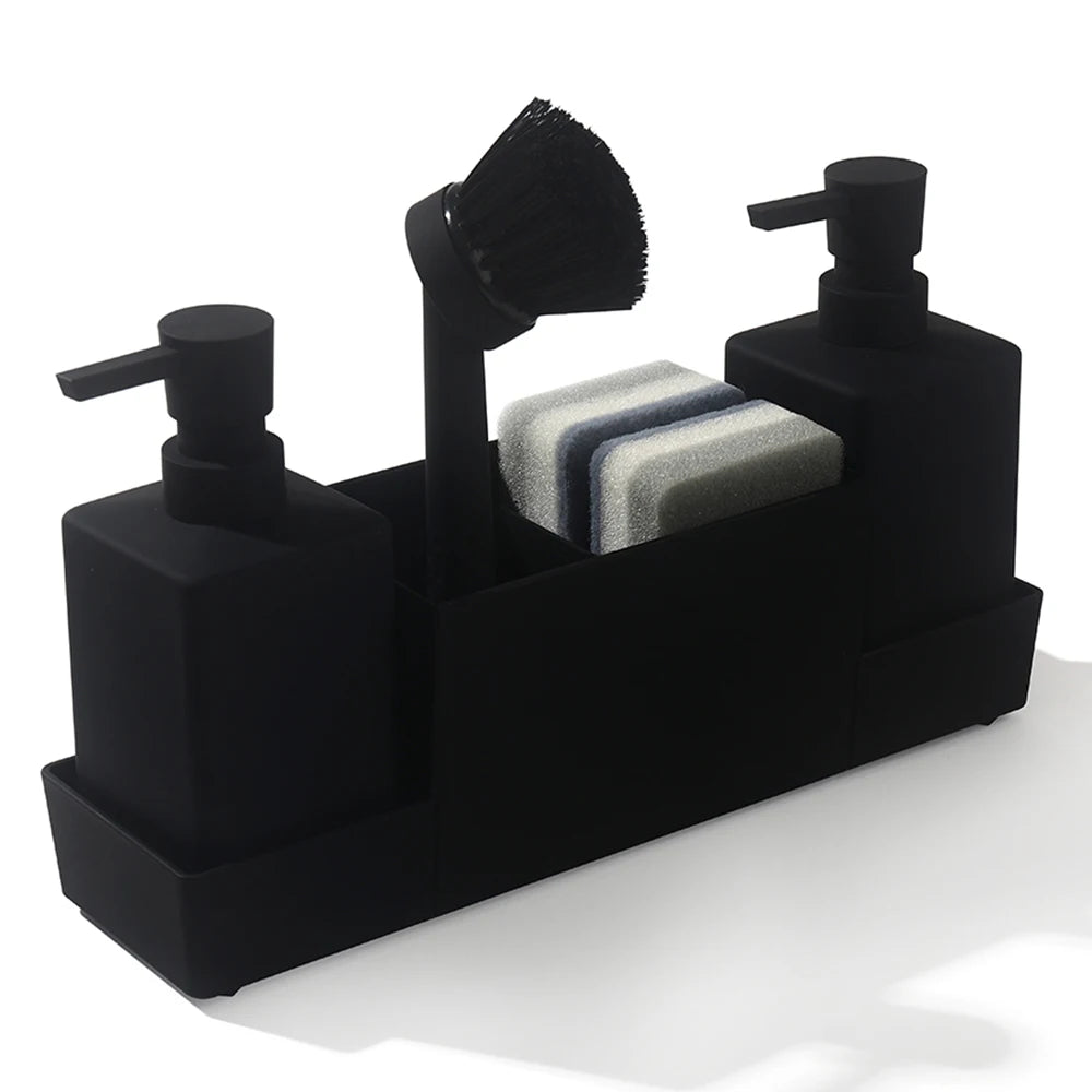 Sink caddy in black with two soap dispensers and brush holder.