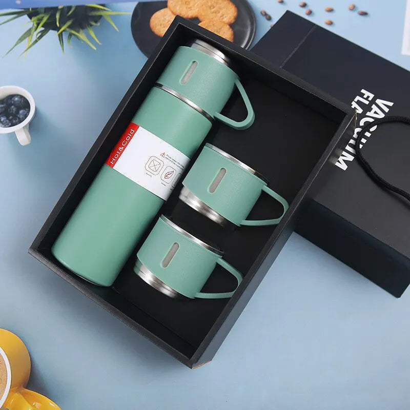 Travel Thermal Flask Set Insulated Water Bottle with Three Cups 500ml