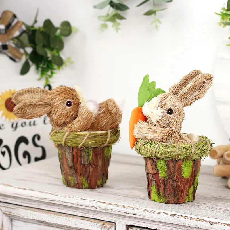 Straw Bunny in Flowerpot Easter Décor