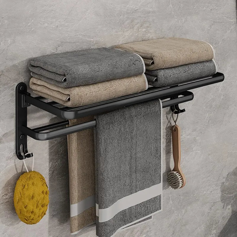 Matt Black Wall Mounted Towel Rail and Shelf with Hooks
