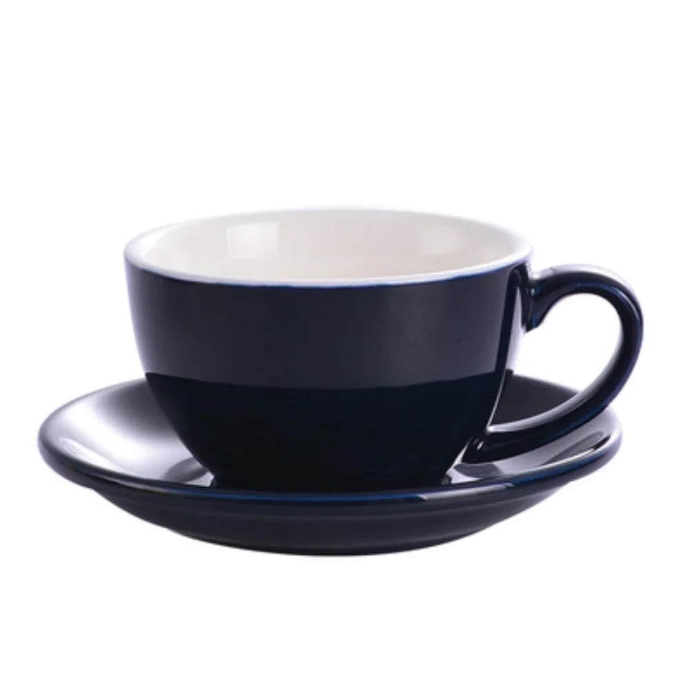 Dark blue ceramic mug and saucer.
