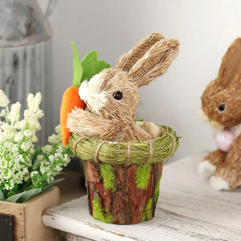 Straw Bunny in Flowerpot Easter Décor