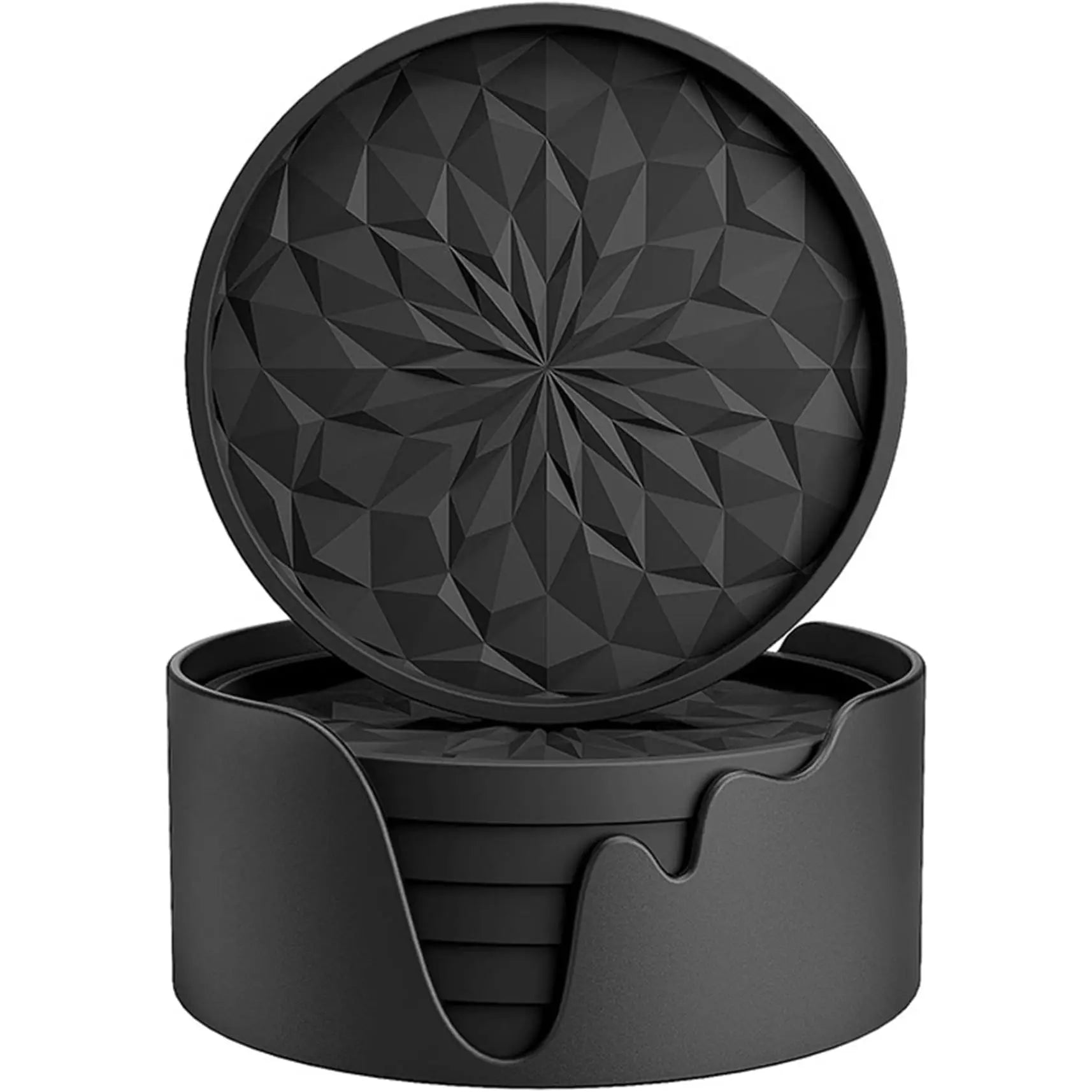 A hand placing a black, textured coaster into a car's cup holder.