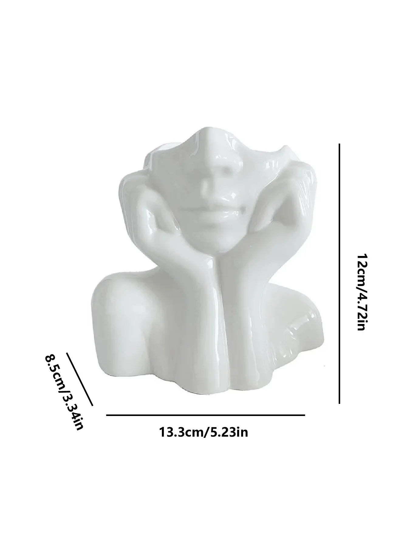 White body shape vase product shot with size measurement.