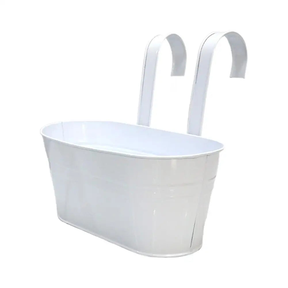 White hanging flower pot with handle, shown empty.