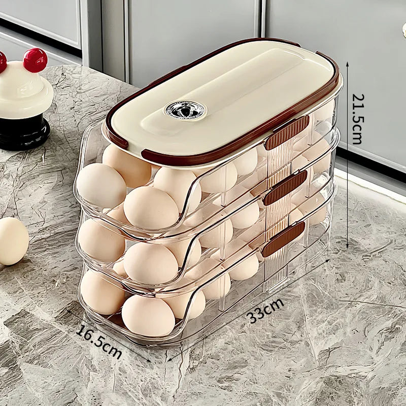 Three-tier egg rack for fridge with a cream lid, shown with size measurements and filled with eggs.