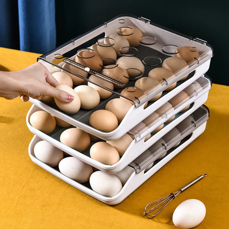 Stackable egg holder for fridge with sliding trays, storing brown and white eggs.