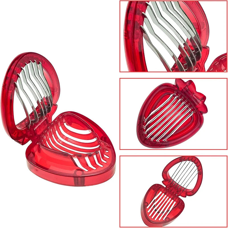 A red, heart-shaped slicer with an egg in it, and sliced eggs on a plate.