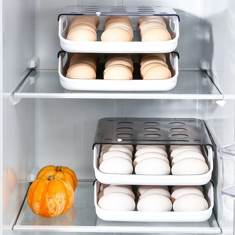 Egg holders for fridge neatly placed on refrigerator shelves, filled with eggs.