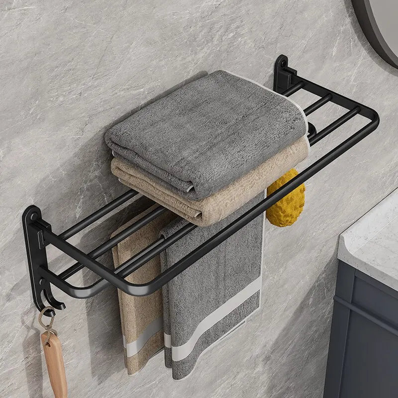 Matt Black Wall Mounted Towel Rail and Shelf with Hooks