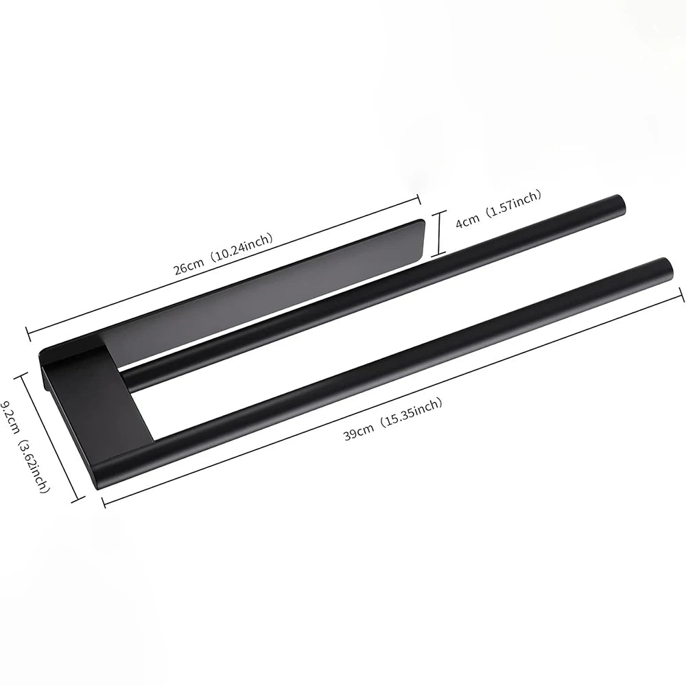 Close-up of black adhesive towel bar with size dimensions shown on a white background.