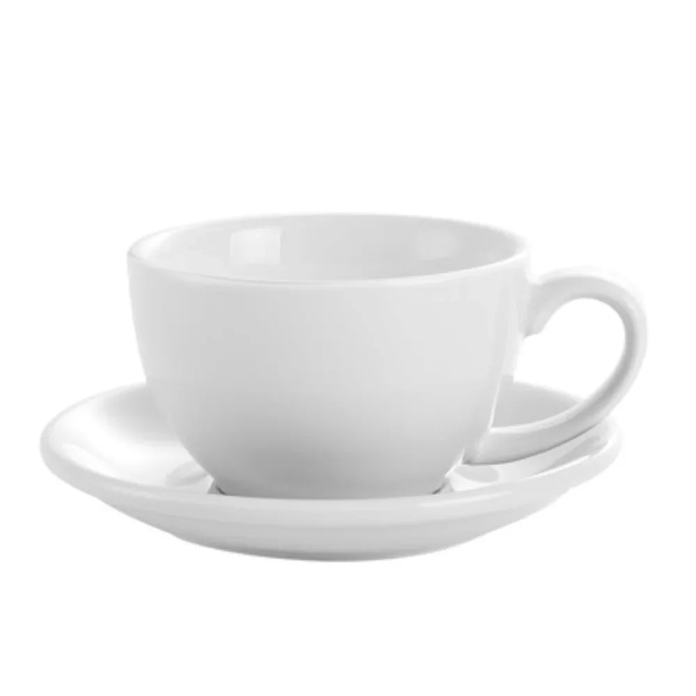 A white ceramic mug with a white interior and matching saucer.