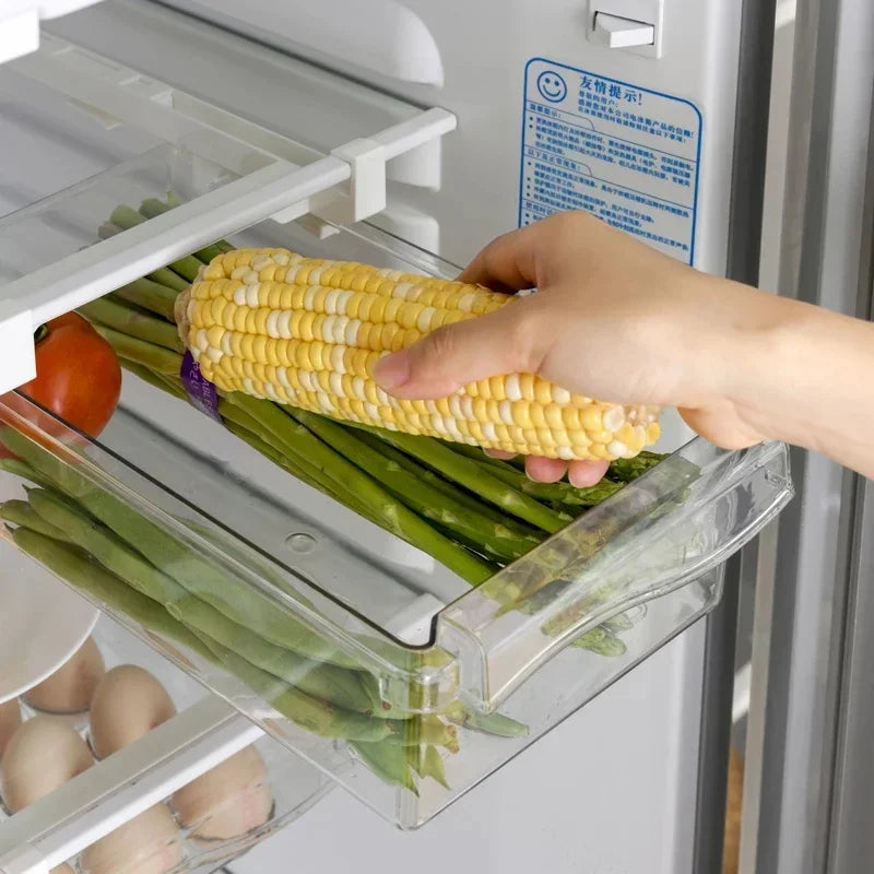 Hand placing corn into a transparent refrigerator drawer filled with assorted vegetables.