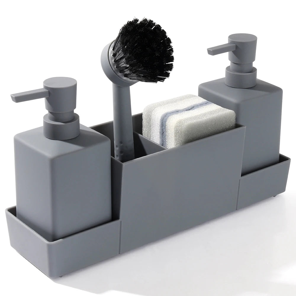 Grey sink caddy featuring dispensers and a brush in a compact organizer.