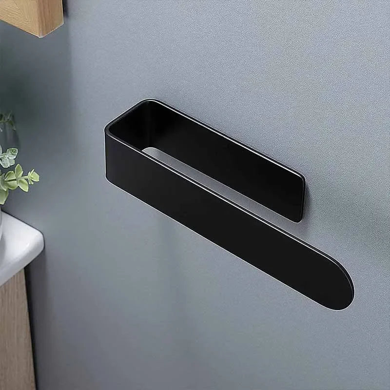 Matte black adhesive towel ring with modern design.