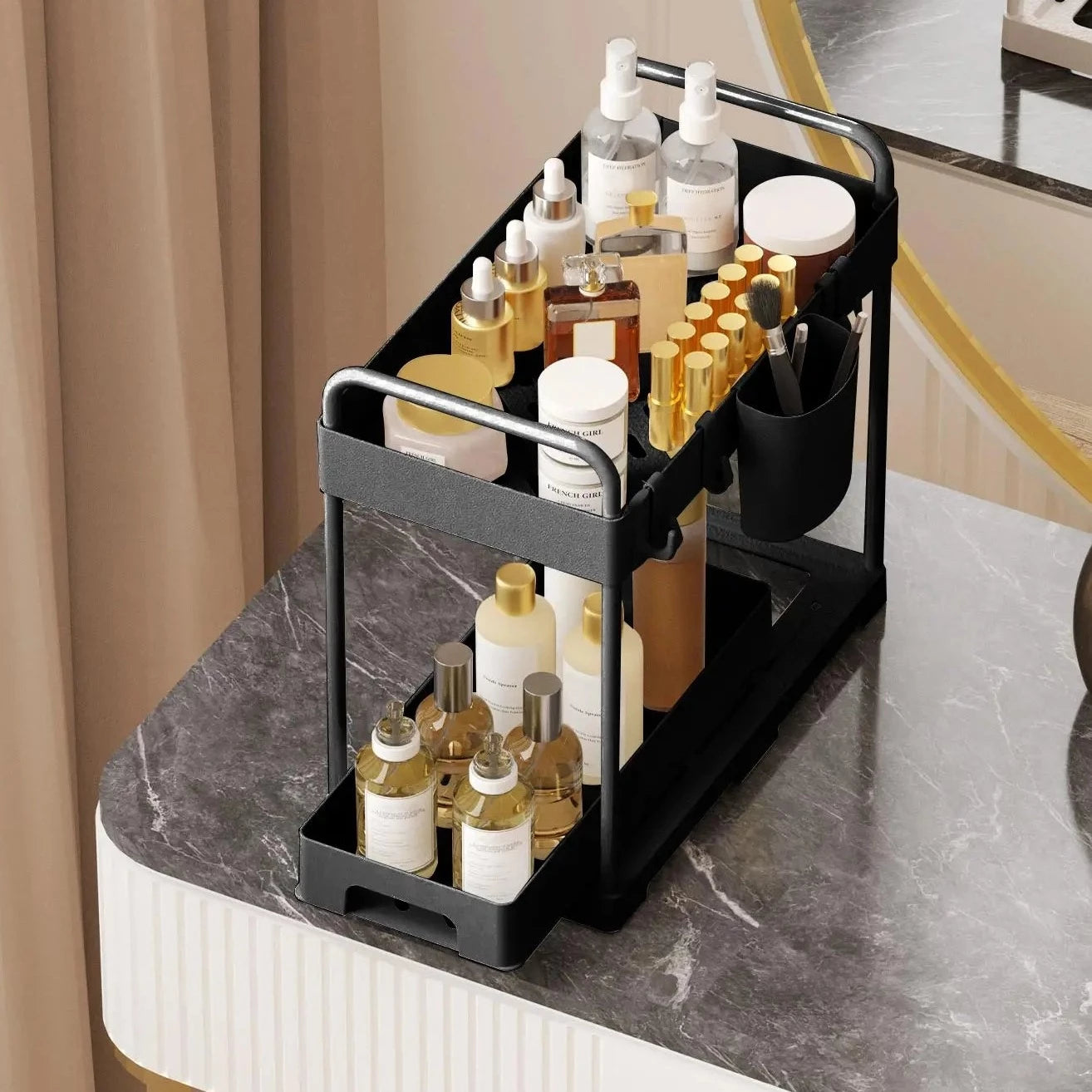 Shelf Organiser with Hooks and Sliding Tray Two Tier
