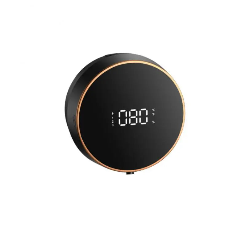 A white smart soap dispenser with a rose gold trim and a digital display