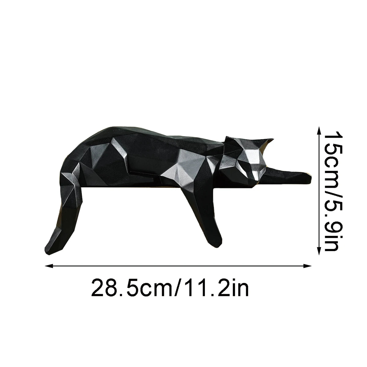 Size chart showing black and white cat geometric decor dimensions.
