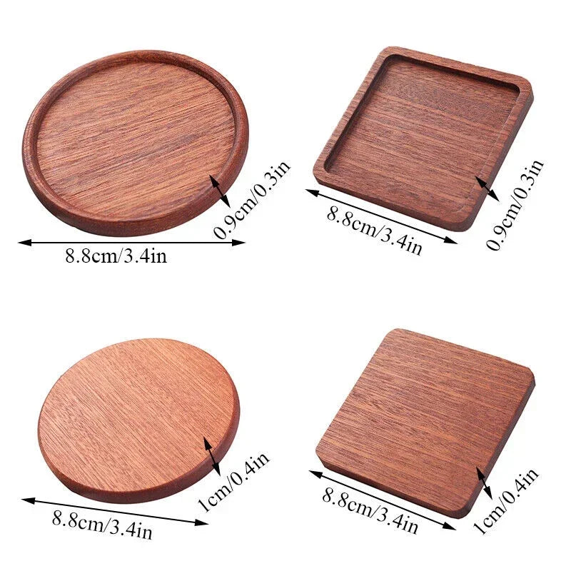 Size comparison image of four wooden coasters in round and square shapes with measurements.