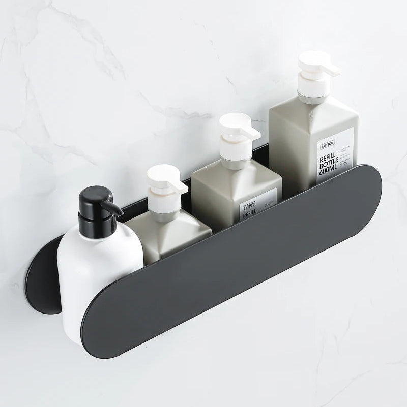 Bathroom shelf organizer fully stocked with bottles in a sleek, black minimalist design.