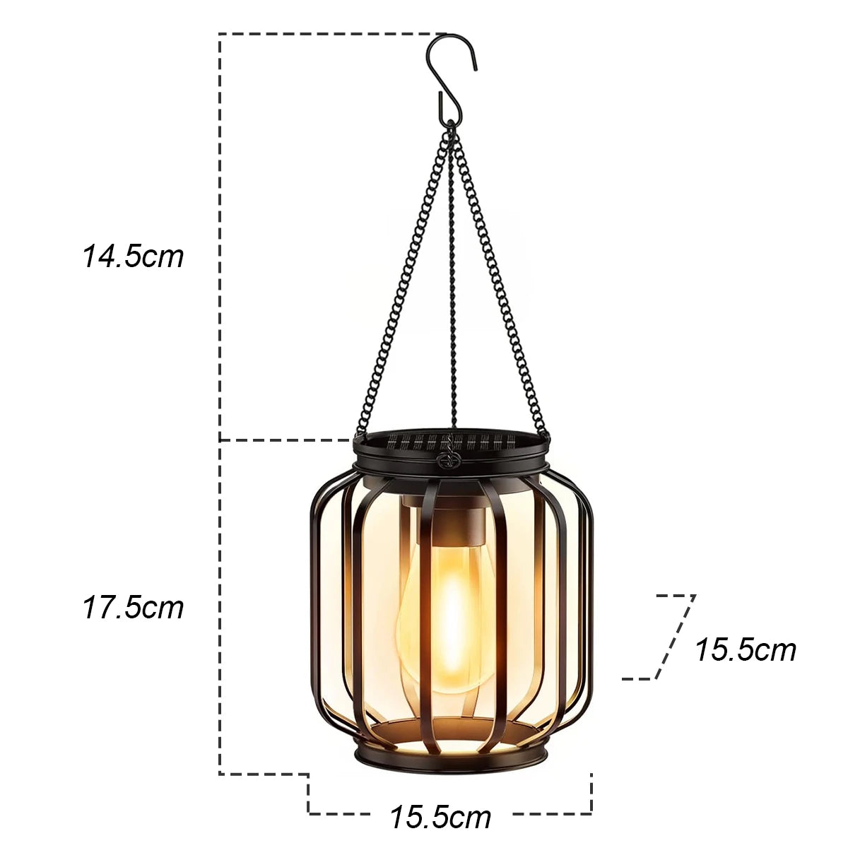Size diagram of solar lantern with ribbed glass design.