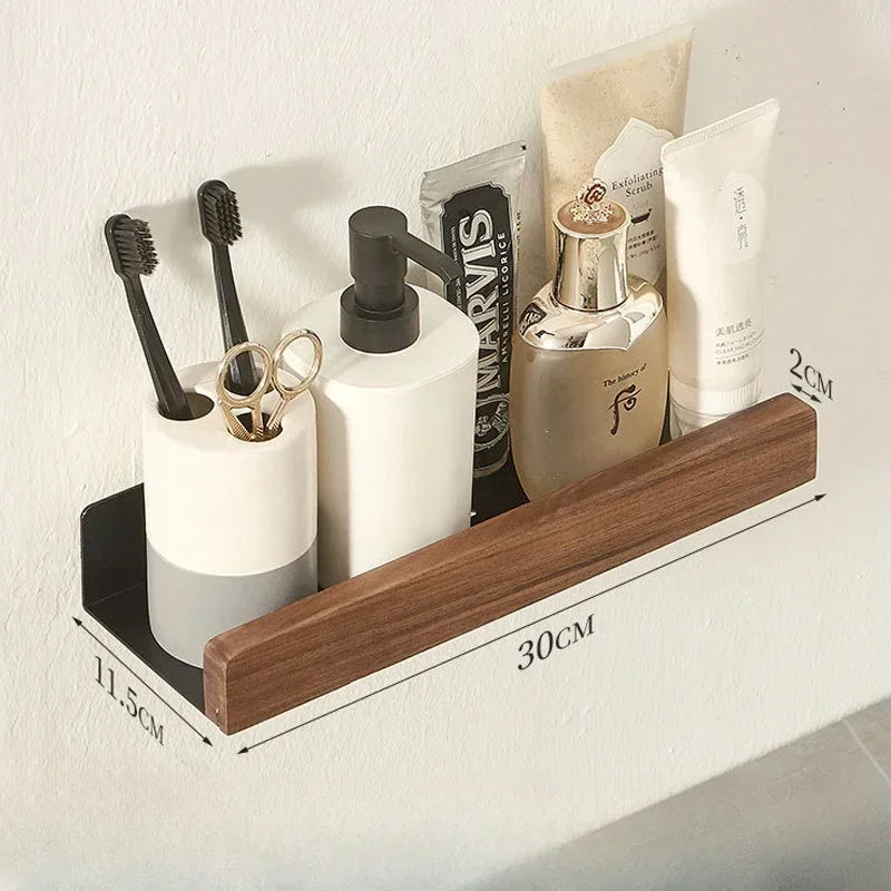 Floating wood shelf with toiletries and toothbrushes, displaying dimensions.
