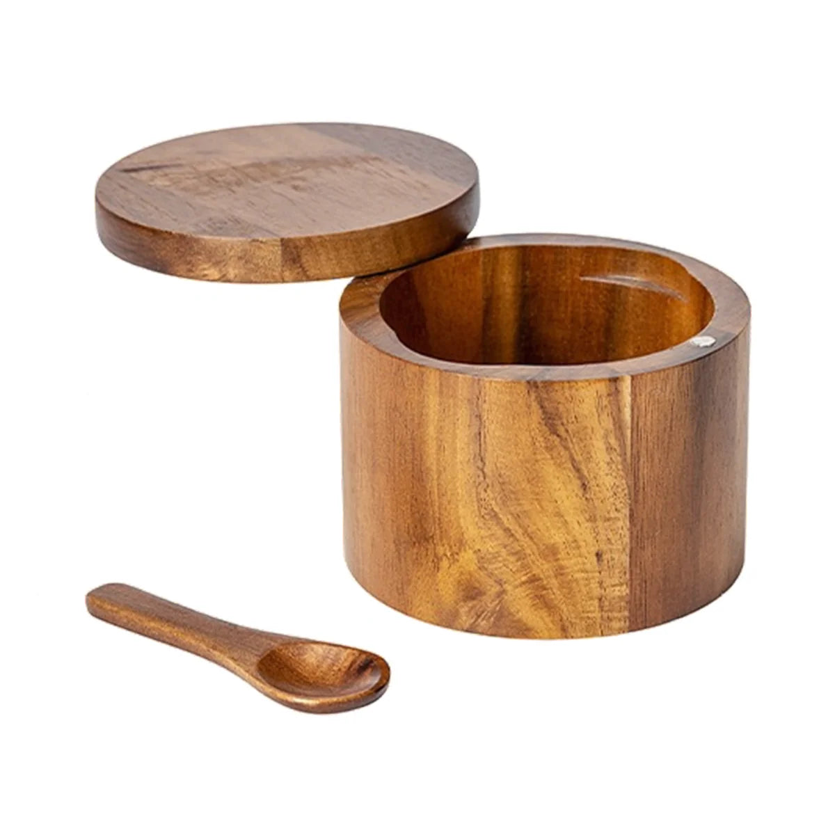 Wooden salt cellar with closed lid and spoon on white surface.