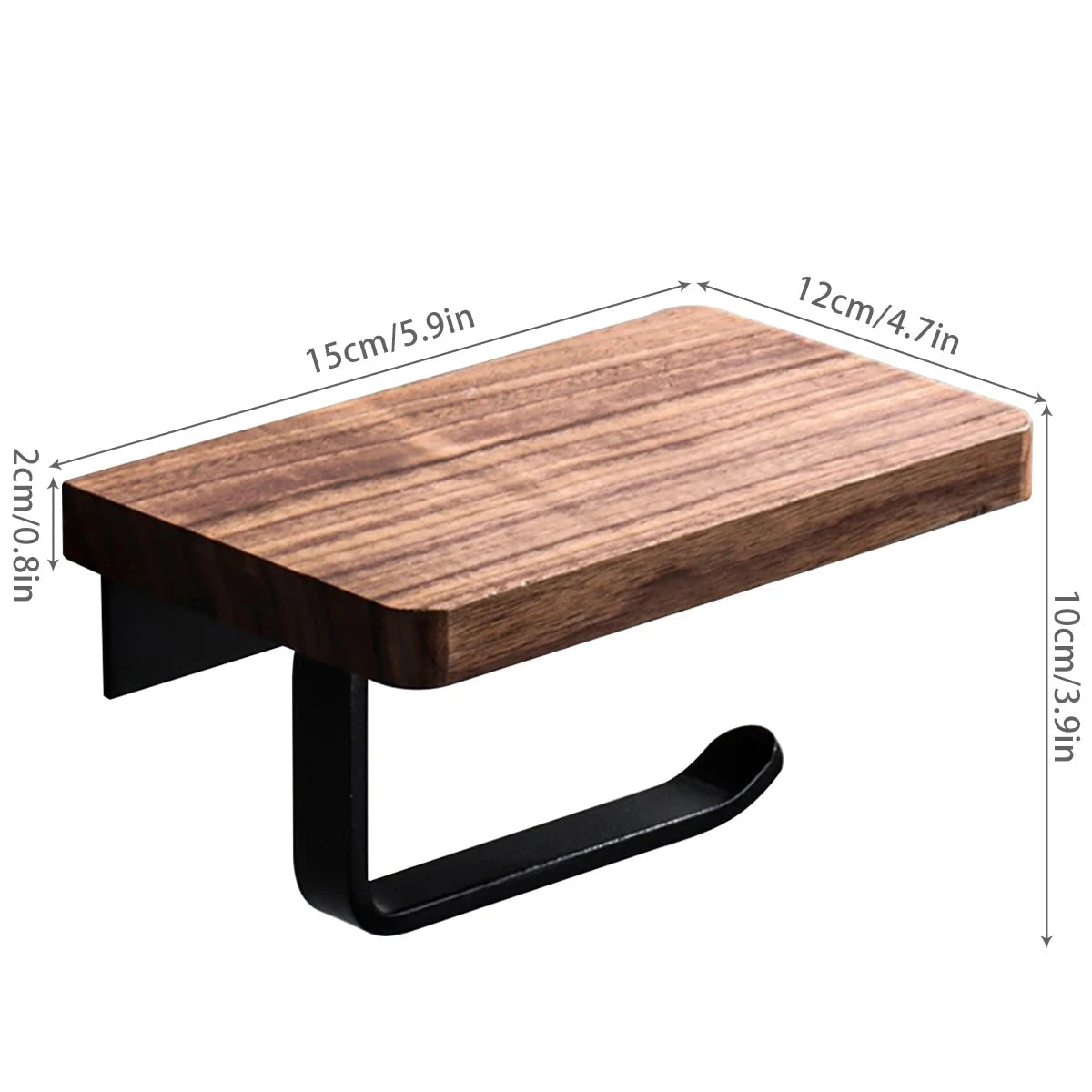 A wooden toilet paper holder with a small shelf