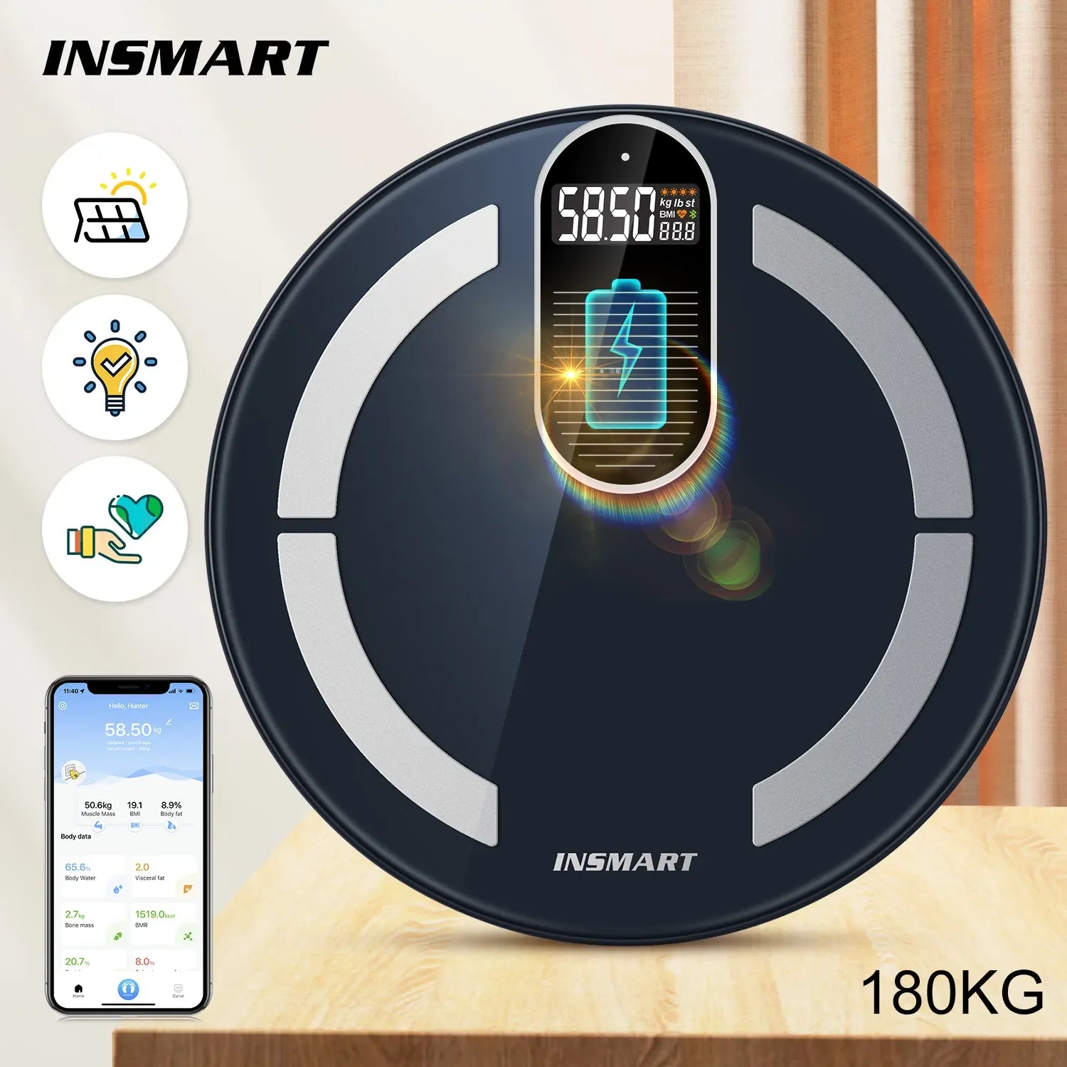 Smart Body Fat BMI Digital Bathroom Scale with Bluetooth Technology and App Control Black