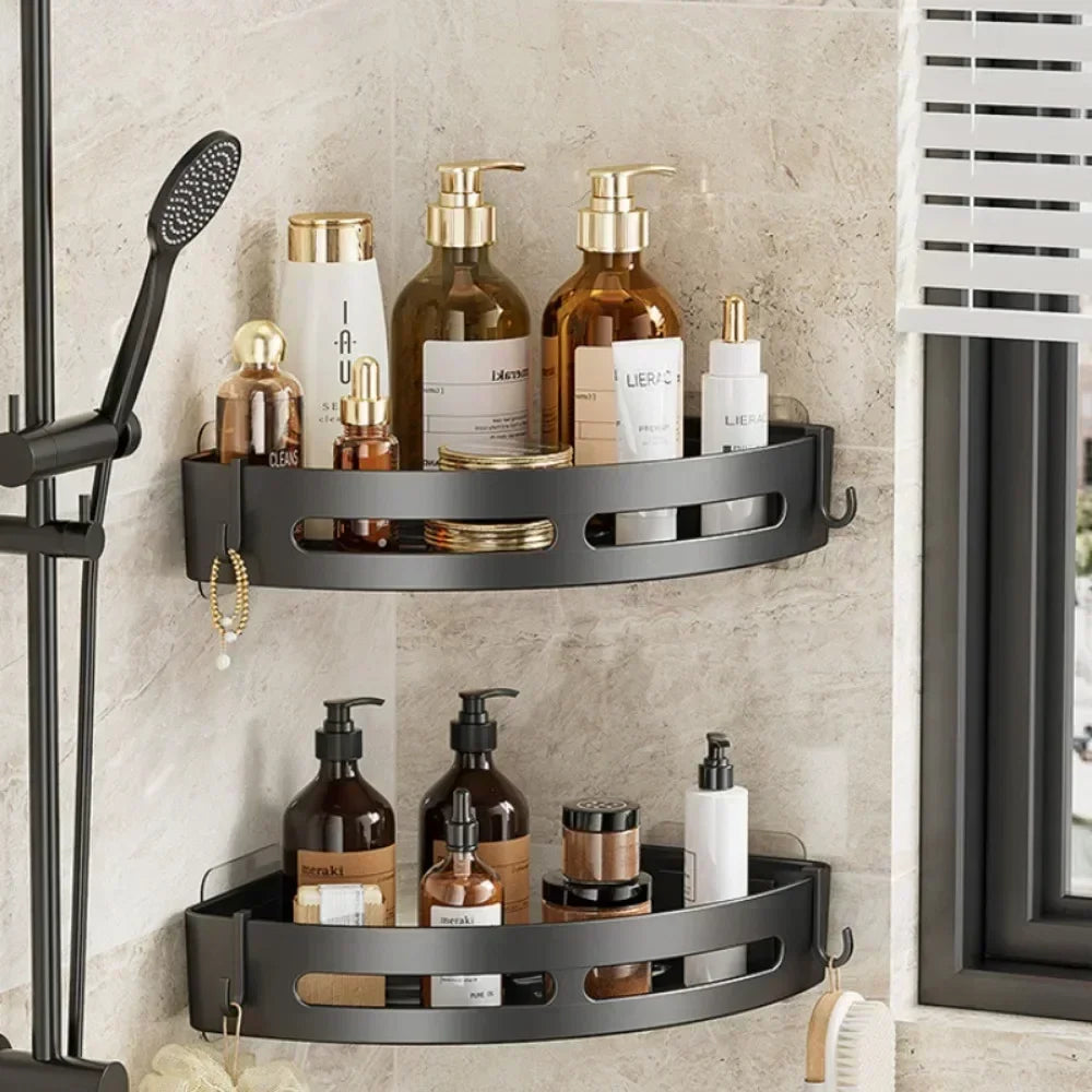 Corner shower caddy with bottles on two tiers.