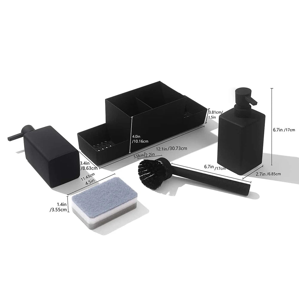 Sink caddy set with size dimensions and parts shown.