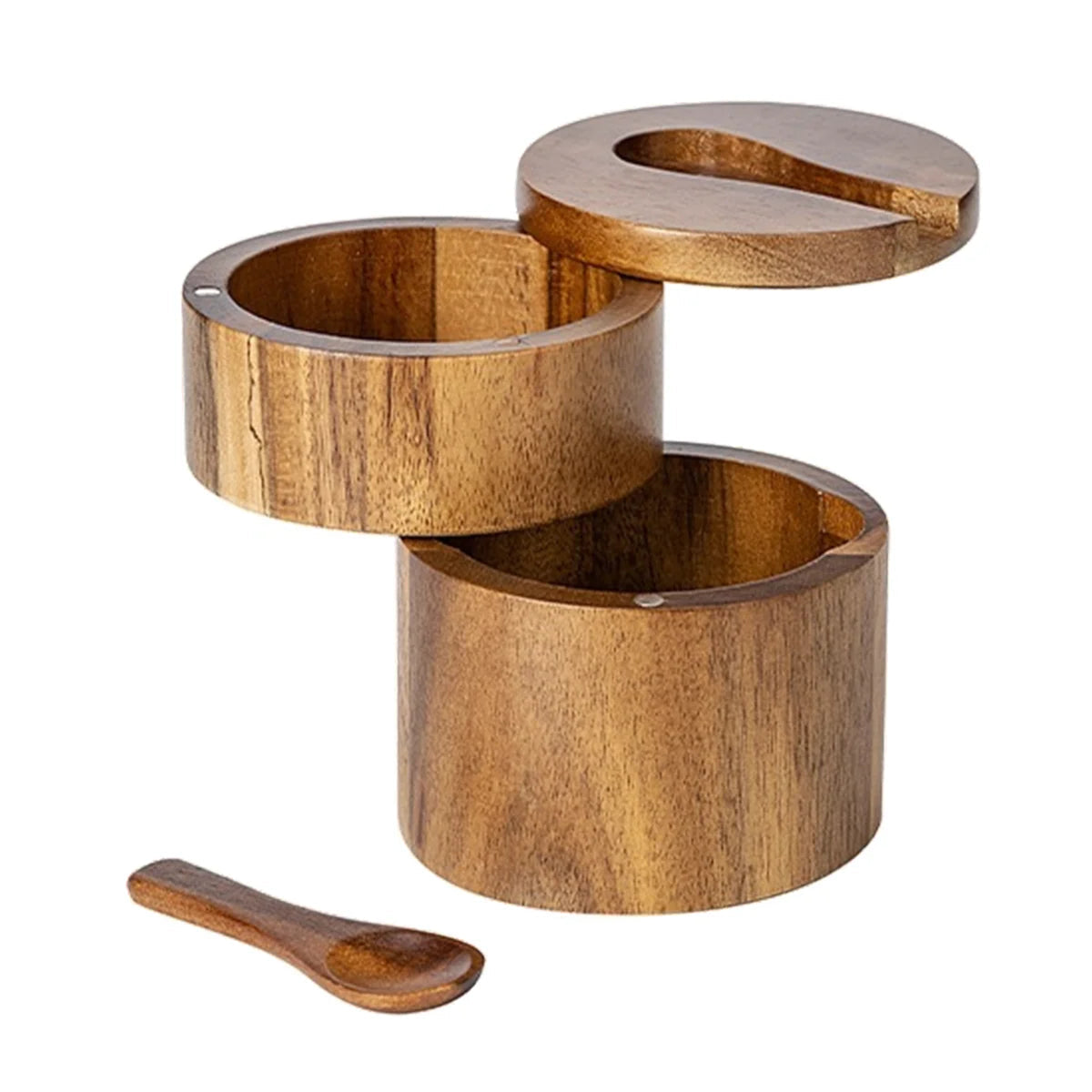 Stacked wooden salt cellar with lid in two layers.