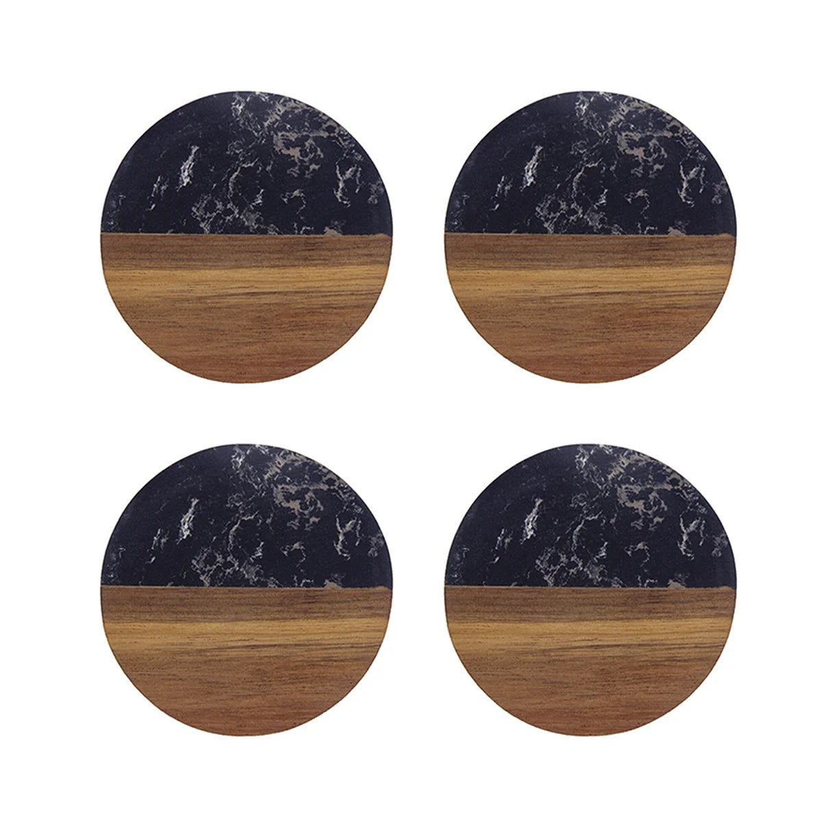 Set of four round coffee coasters in dark marble and brown wood pattern.