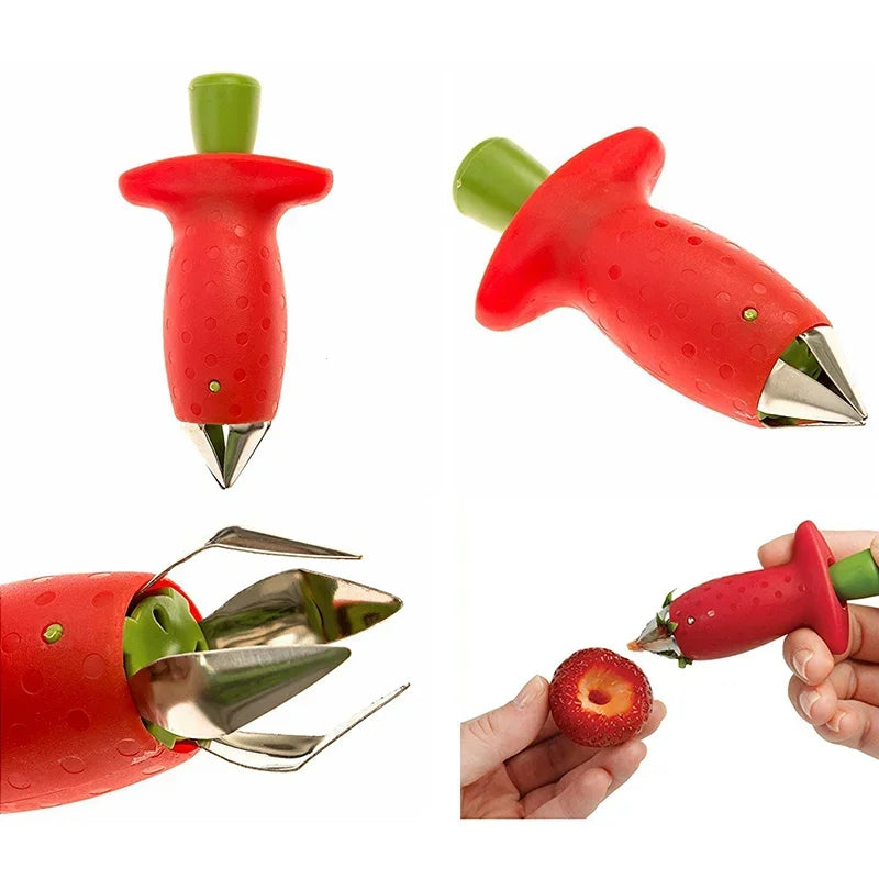 Multiple angles of a fruit corer showing how it works.