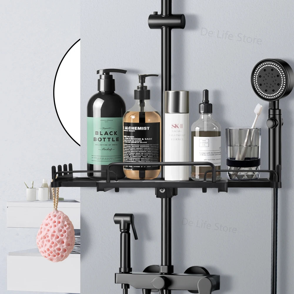 Black shower shelf bathroom rack with bottles and sponge.