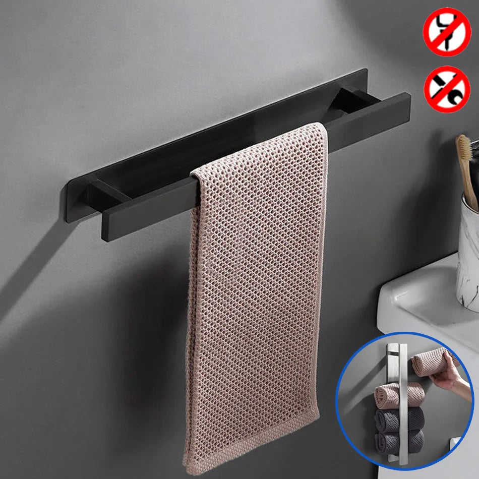 Self adhesive towel rail in black, holding a beige towel, with no-drill installation shown.