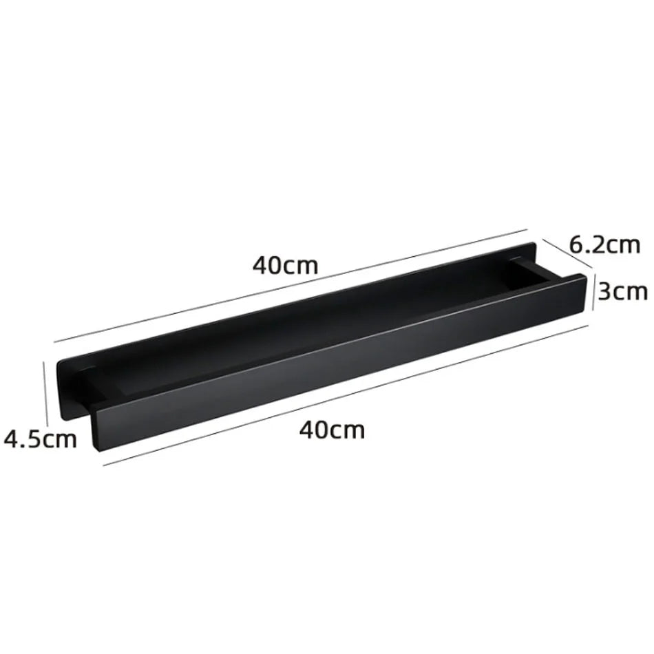 Dimensions of black self adhesive towel rail: 48cm long, 8.3cm deep, 4.5cm high.