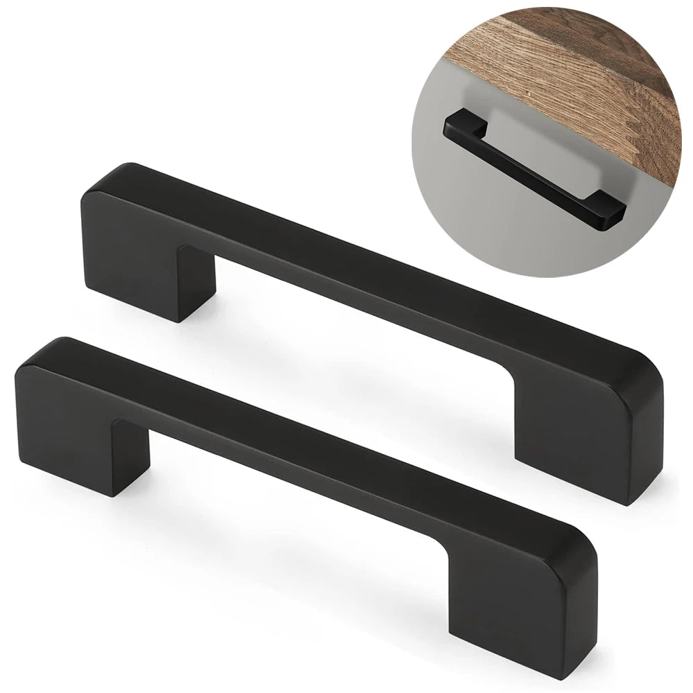 Pair of matte black kitchen cabinet knobs shown separately on white background.