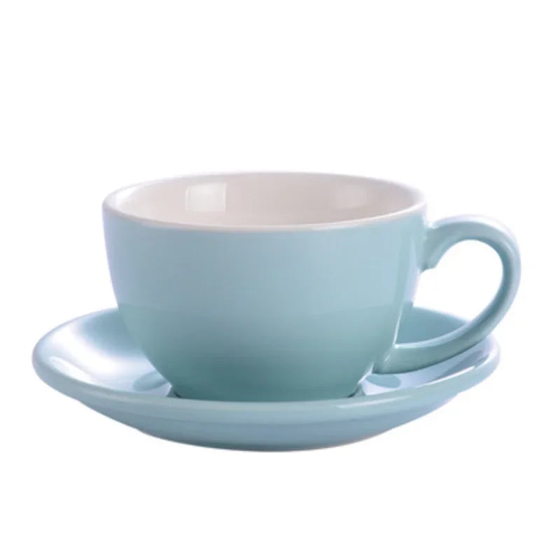 Light blue ceramic mug and saucer.