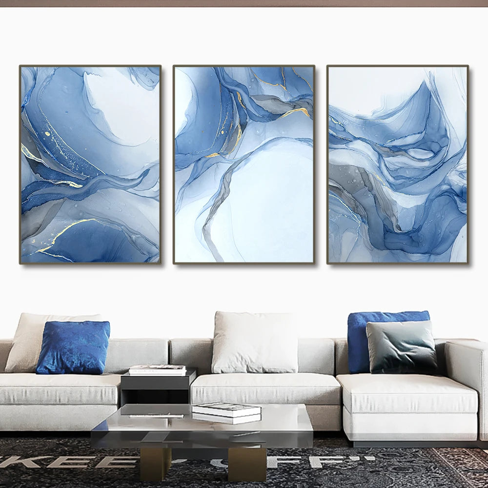 Frameless Blue Triptych Posters