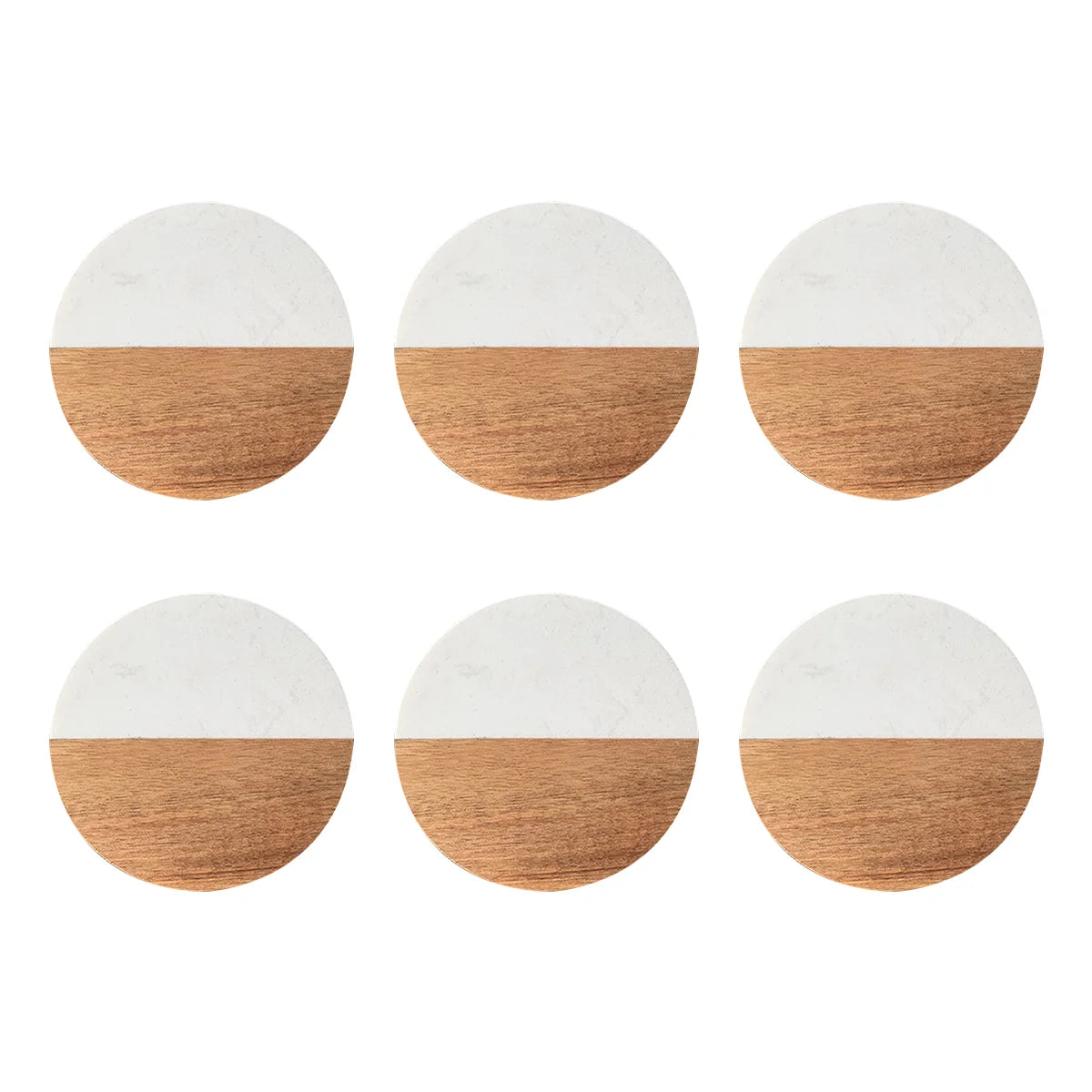 Set of six round coffee coasters evenly split between marble and wood finishes.